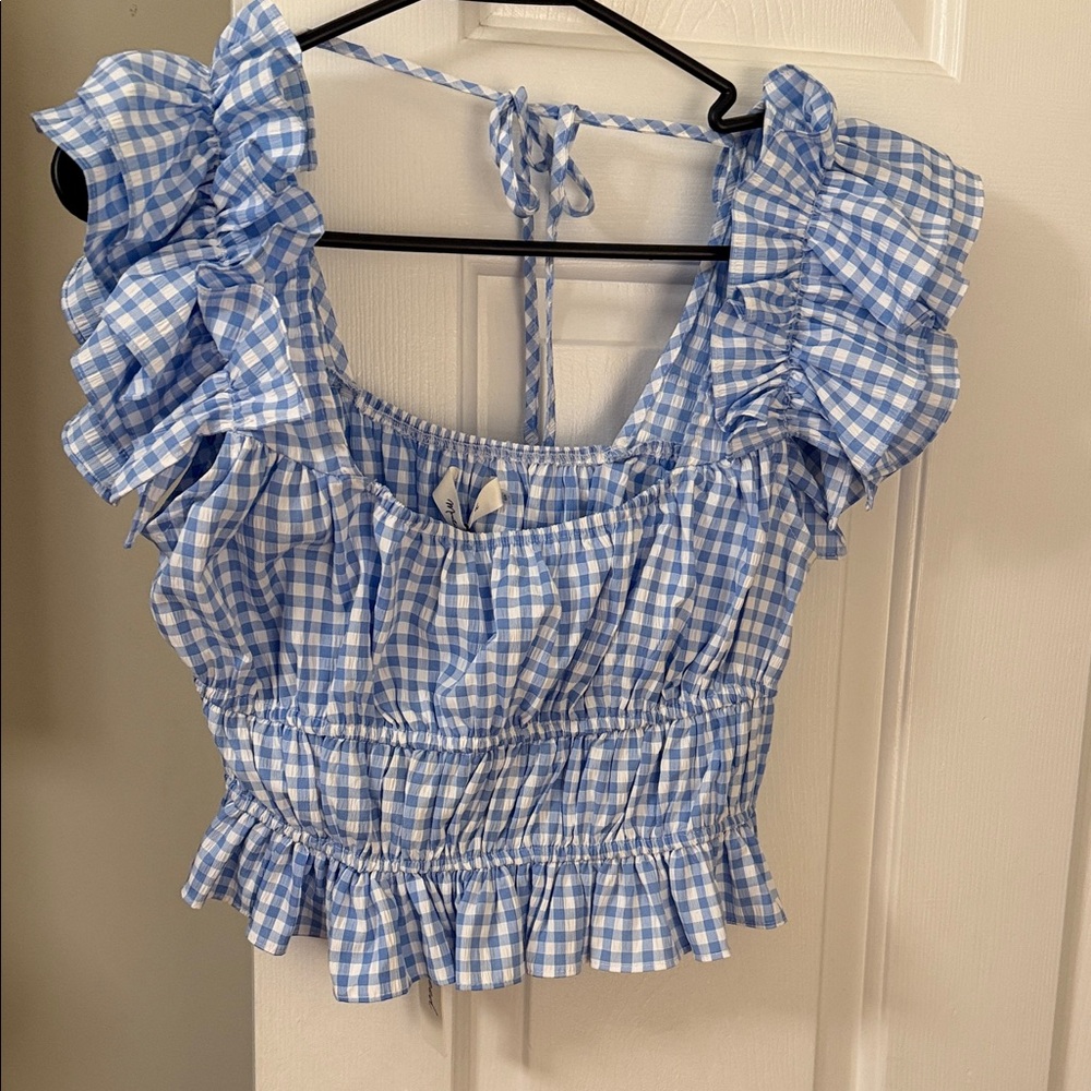 Mustard Seed Light Blue Gingham Ruffle Blouse